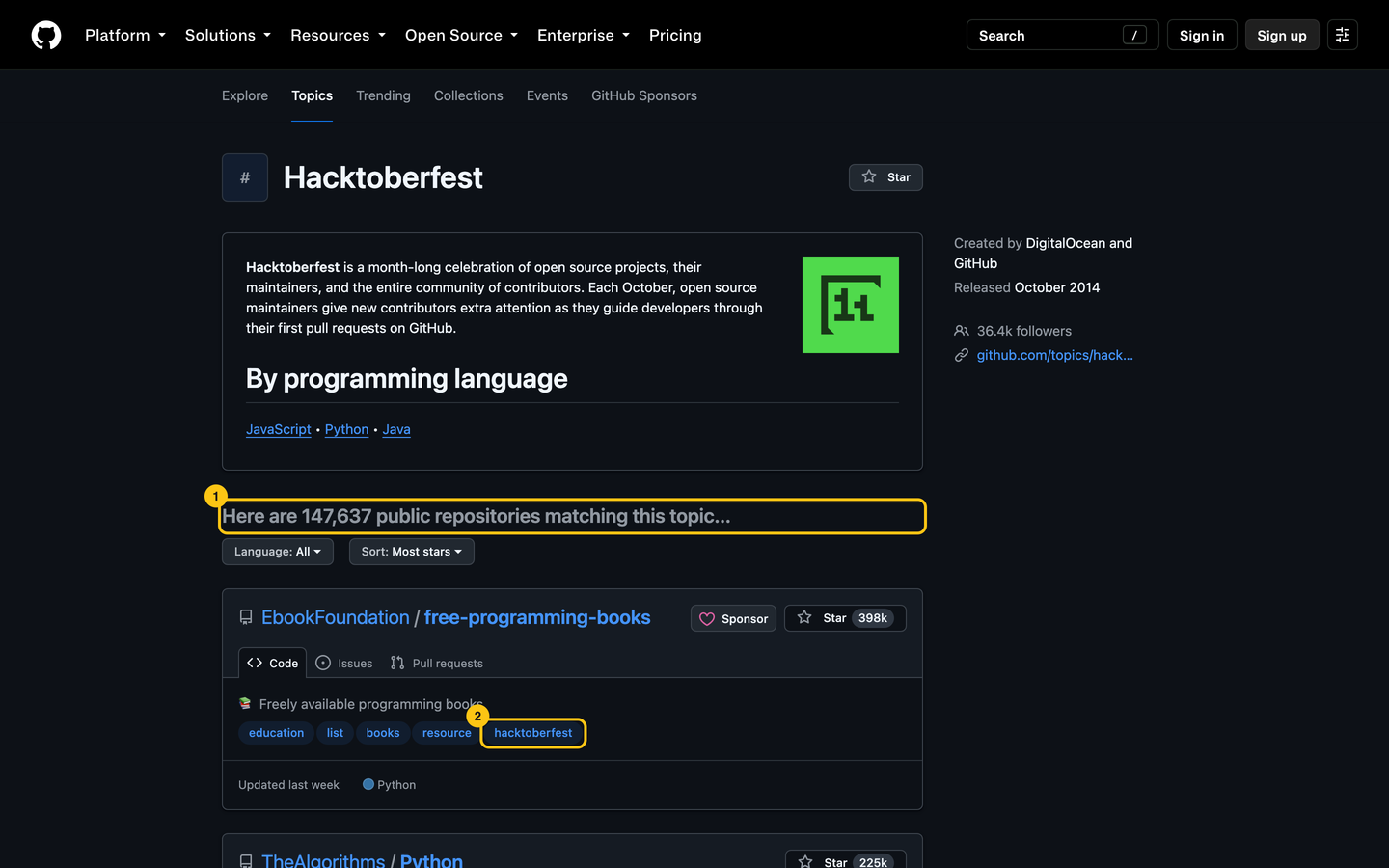 GitHub's hacktoberfest topic page, 147,637 repositories boxed, and free-programming-books first with the topic tag boxed.